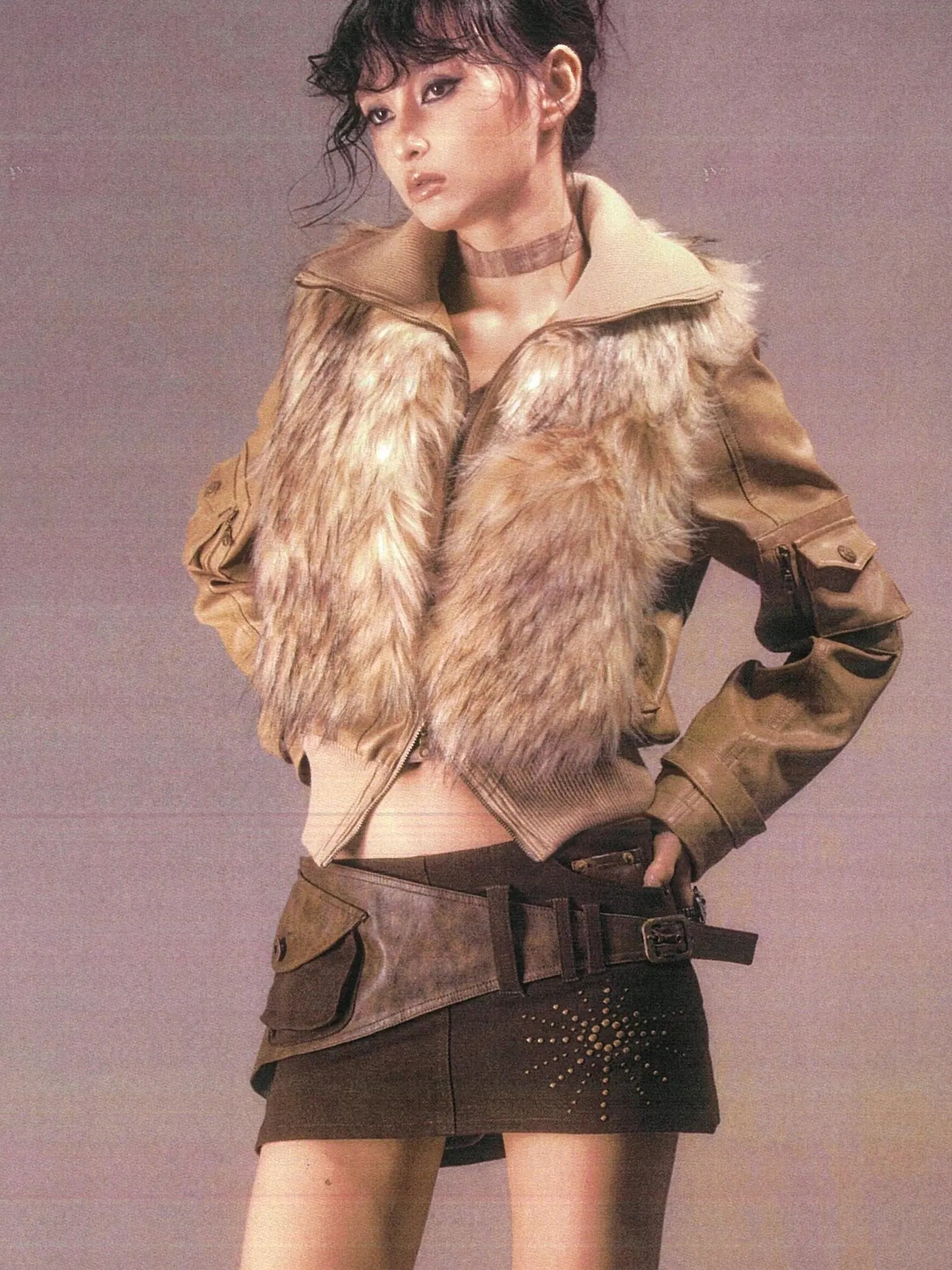 Detachable Eco Fur Windproof Leather Jacket V Neck T Shirt Long Sleeve