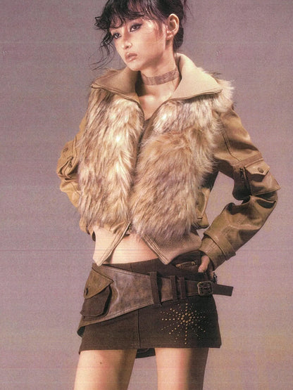 Detachable Eco Fur Windproof Leather Jacket V Neck T Shirt Long Sleeve