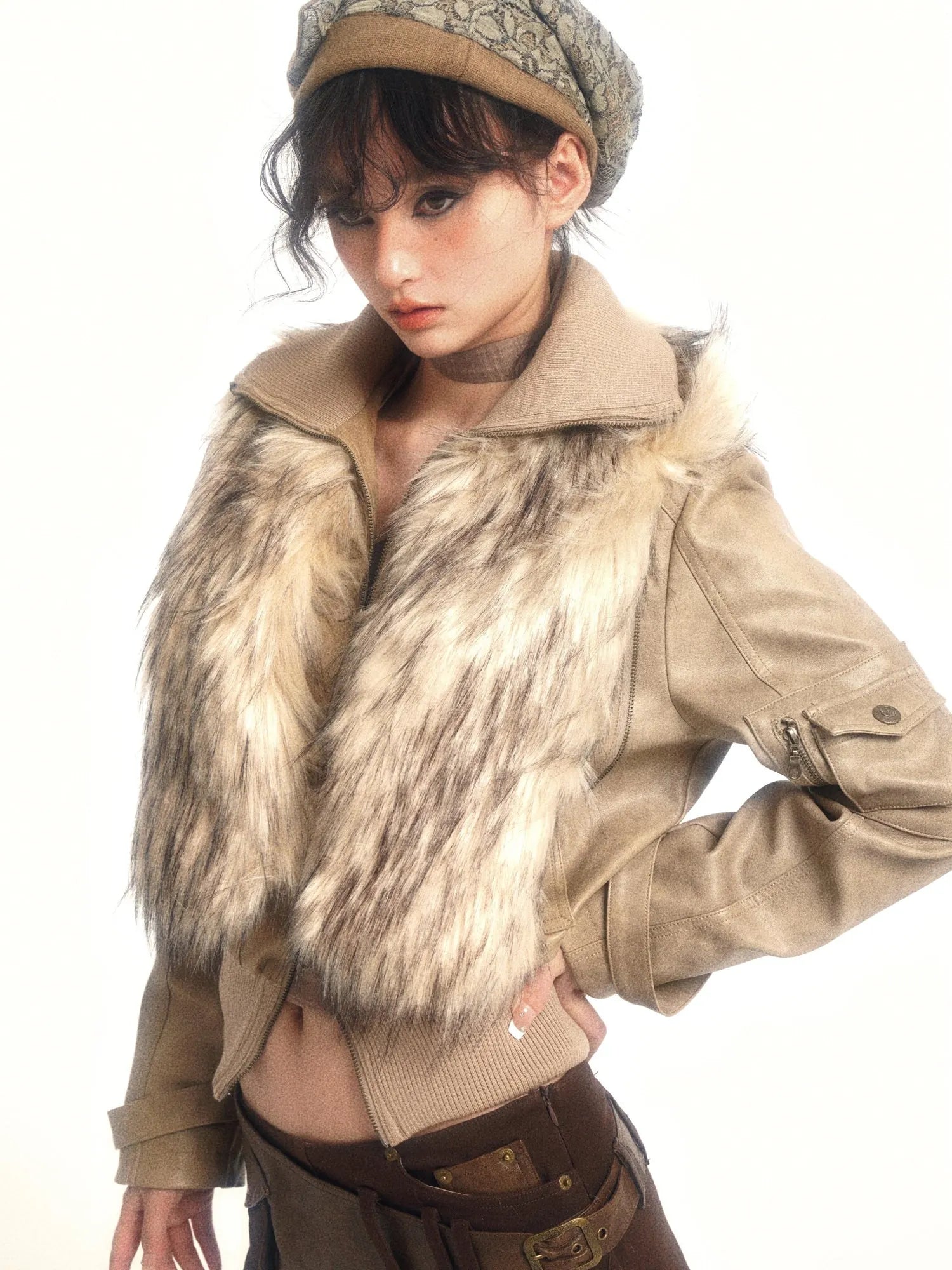 Detachable Eco Fur Windproof Leather Jacket V Neck T Shirt Long Sleeve