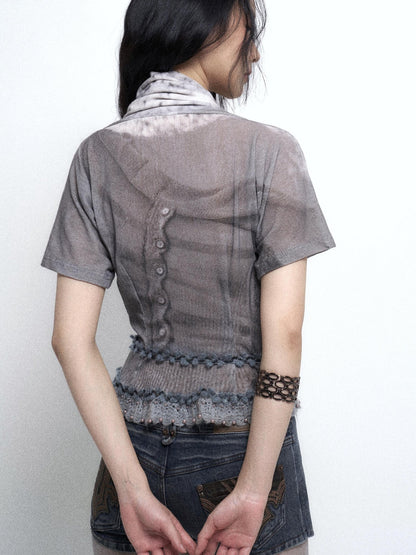Flowers birds Market Detachable Faux Fur Collar Knit Cardigan