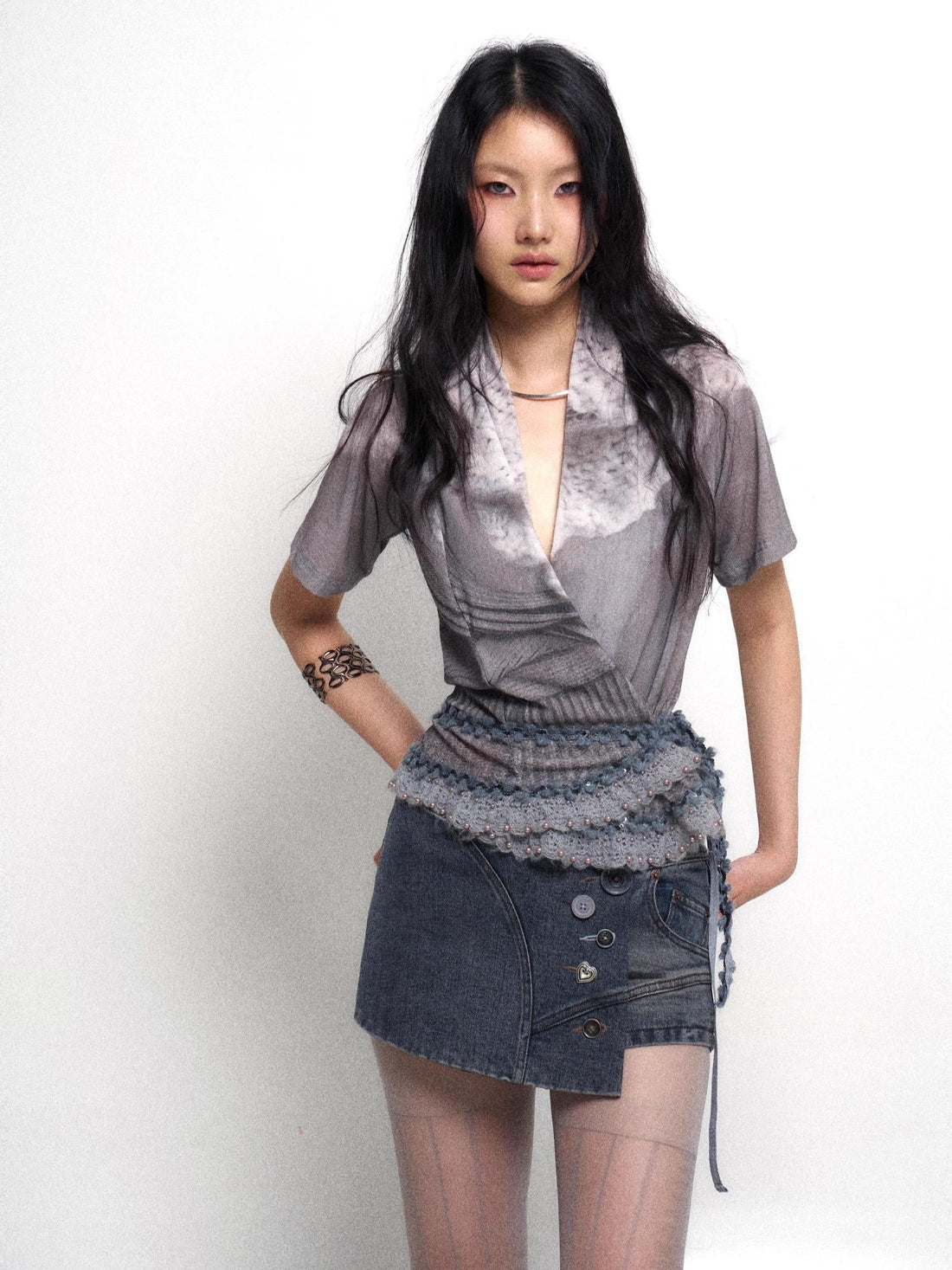 Flowers birds Market Detachable Faux Fur Collar Knit Cardigan