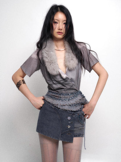 Flowers birds Market Detachable Faux Fur Collar Knit Cardigan