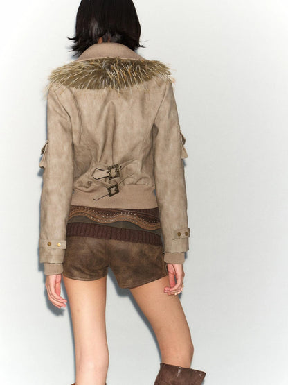 Detachable Faux Fur Windproof Leather Jacket
