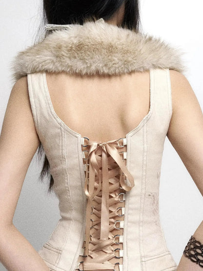 Detachable Fur Collar Stretch Denim Slim Bralette