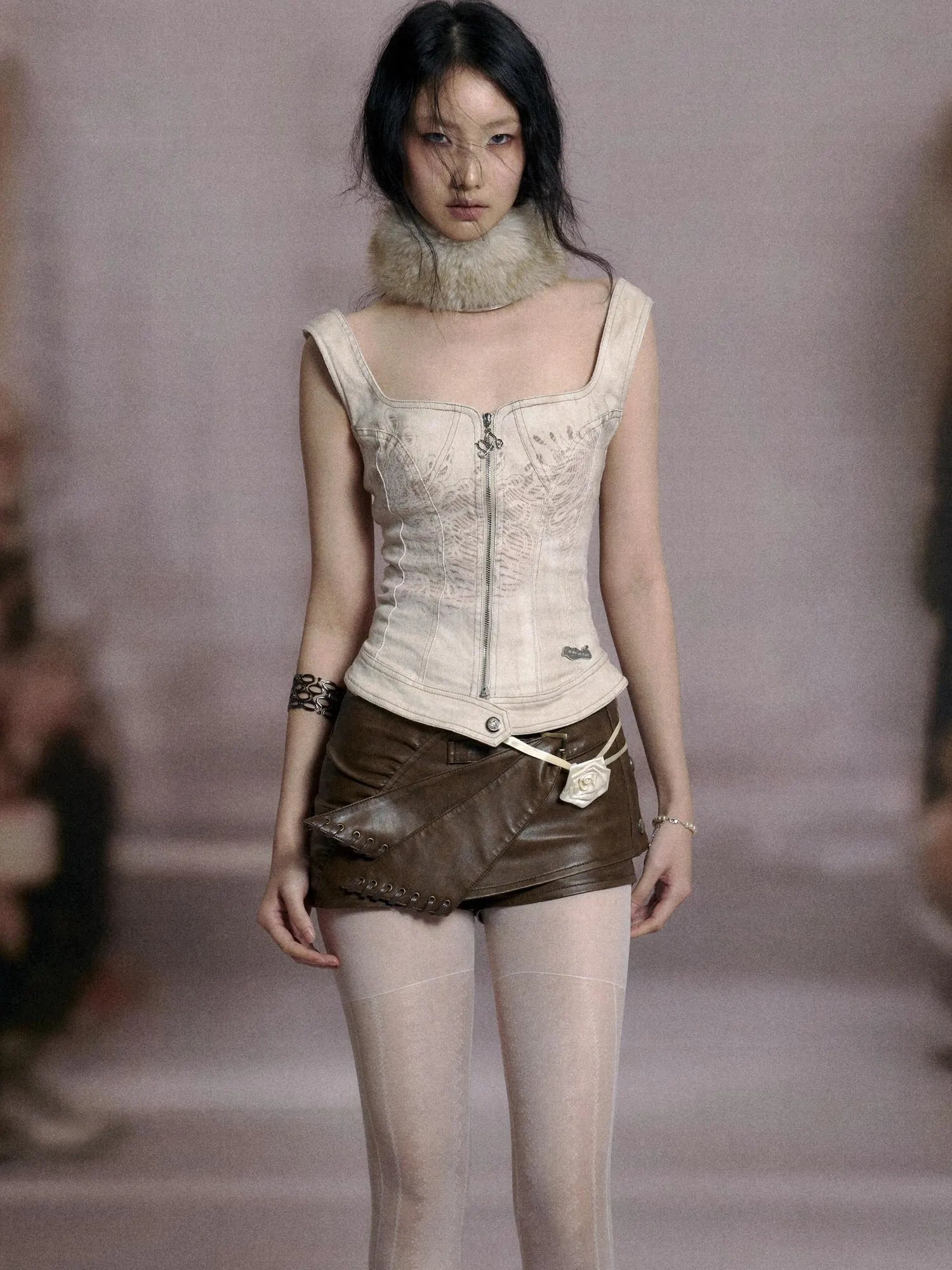 Detachable Fur Collar Stretch Denim Slim Bralette