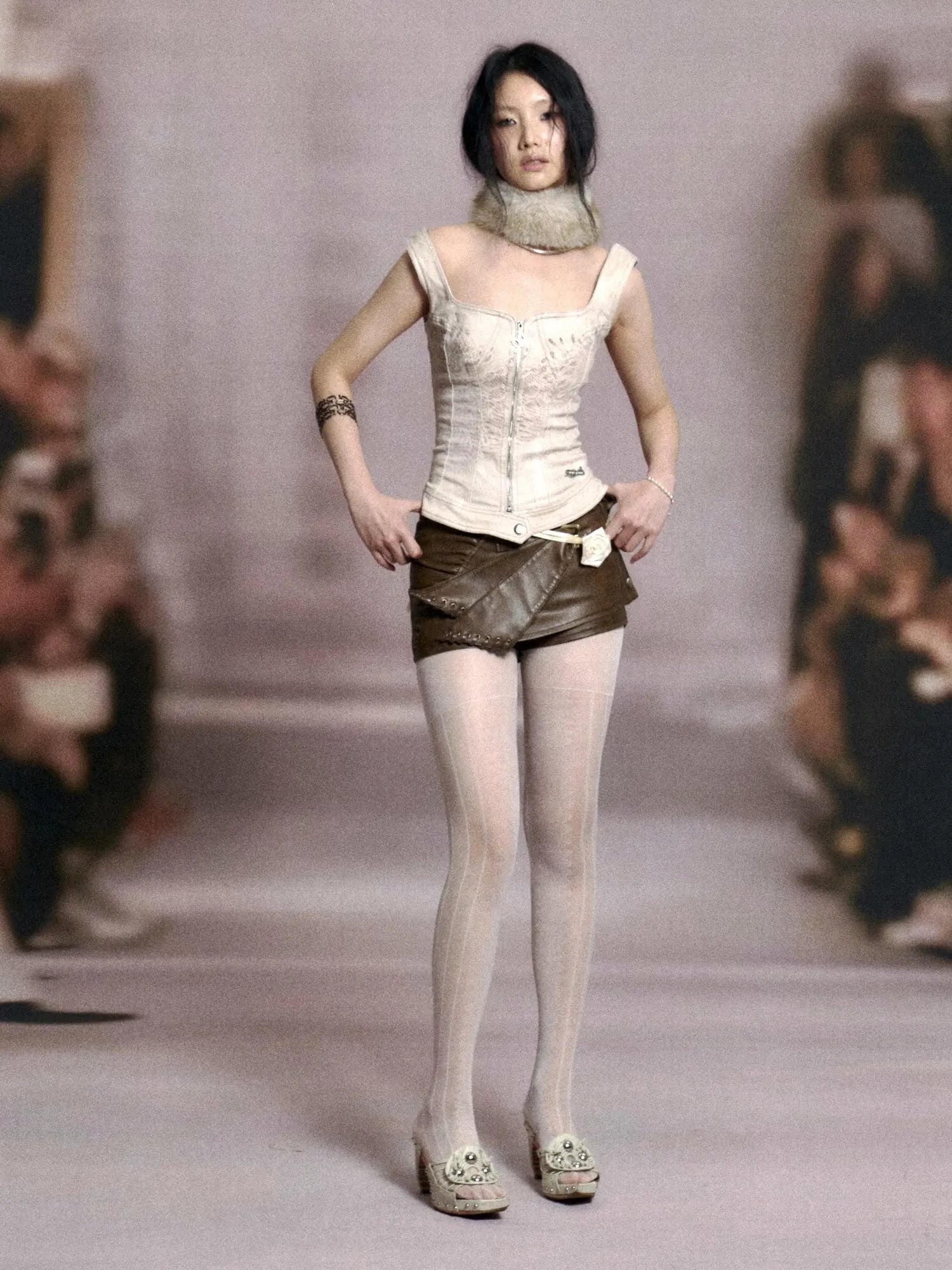 Detachable Fur Collar Stretch Denim Slim Bralette