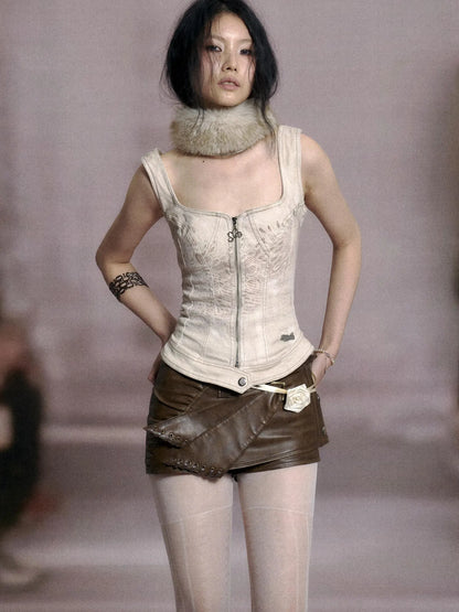 Detachable Fur Collar Stretch Denim Slim Bralette