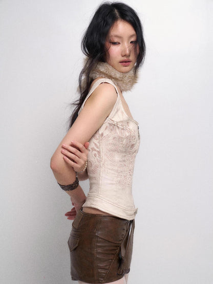 Flowers birds Market Detachable Fur Collar Stretch Denim Slim Bralette
