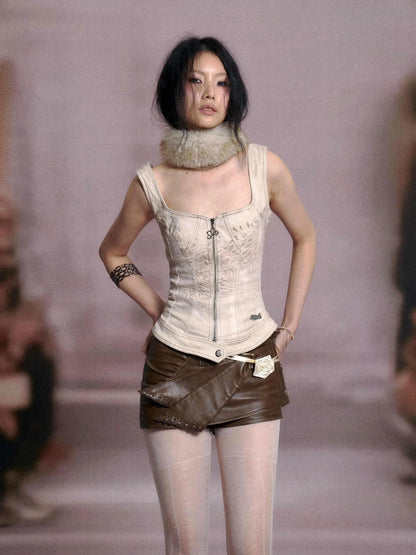 Detachable Fur Collar Stretch Denim Slim Bralette