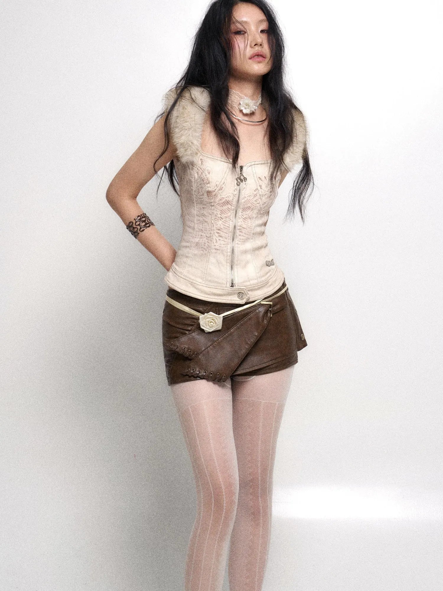 Detachable Fur Collar Stretch Denim Slim Bralette