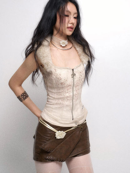 Detachable Fur Collar Stretch Denim Slim Bralette