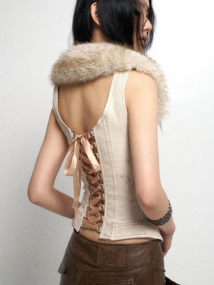 Flowers birds Market Detachable Fur Collar Stretch Denim Slim Bralette