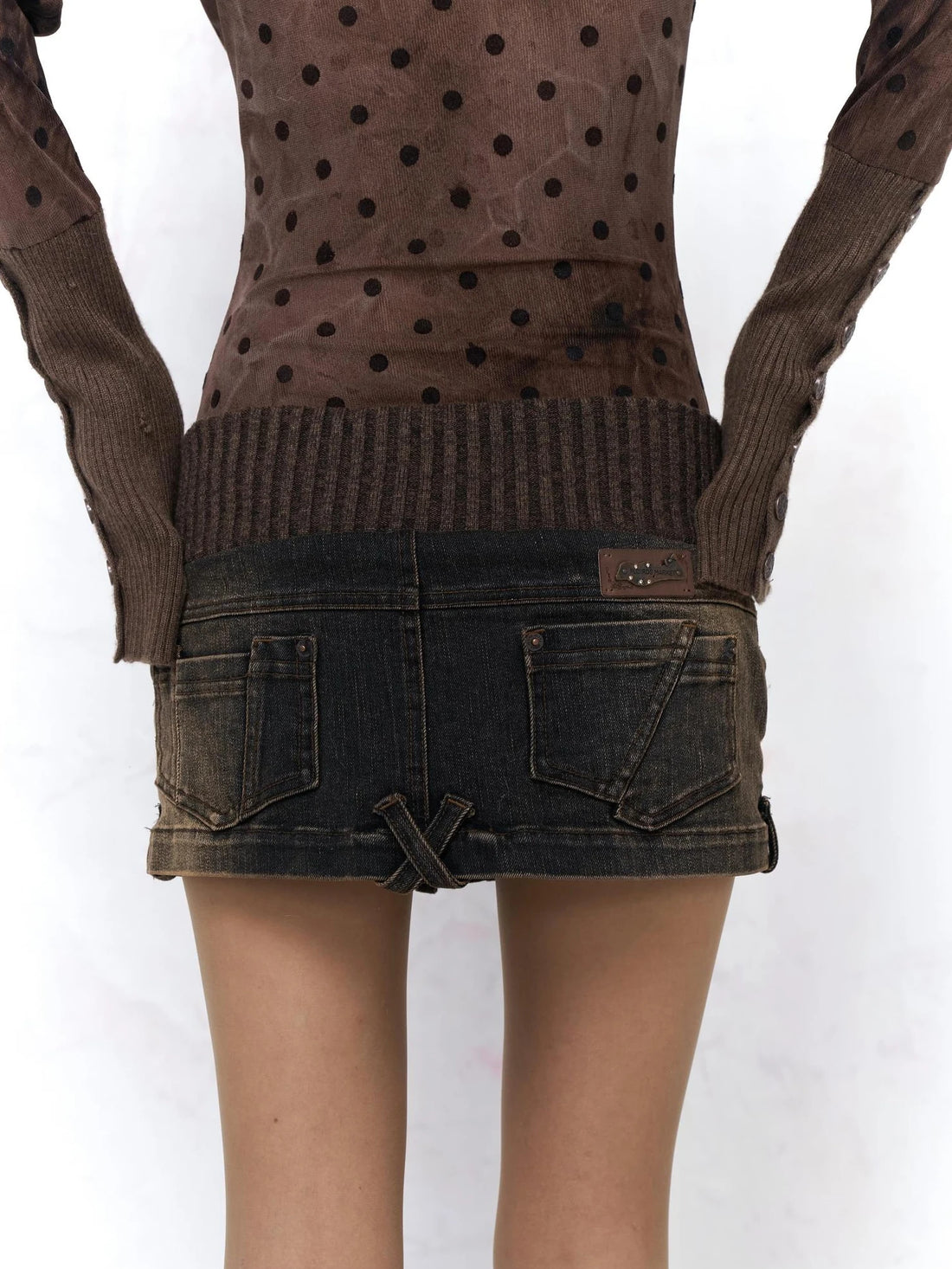 Flowers birds Market Distressed Patchwork Cotton Low Waist A Line Casual Women Dark Brown Mini Skirt