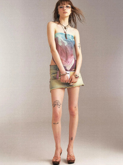 Double Sided Polka Dot Print Stretch Denim Mini Skirt