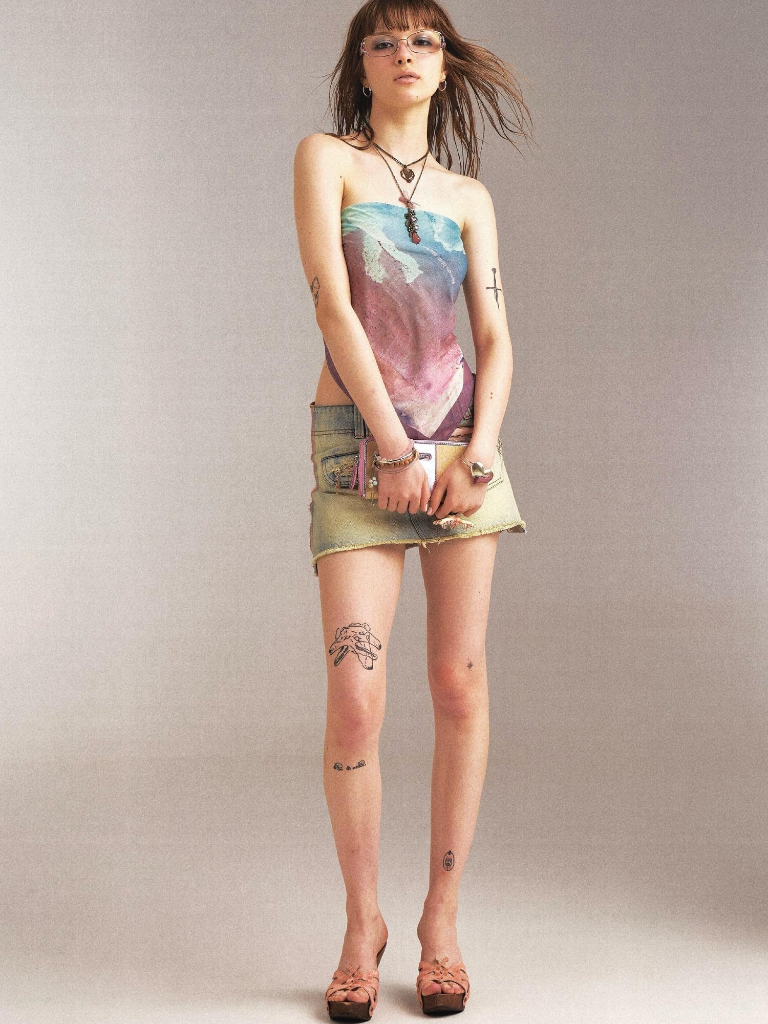 Flowers birds Market Double Sided Polka Dot Print Stretch Denim Mini Skirt