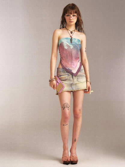 Double Sided Polka Dot Print Stretch Denim Mini Skirt