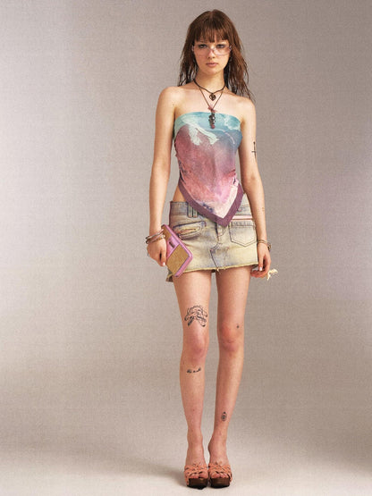 Flowers birds Market Double Sided Polka Dot Print Stretch Denim Mini Skirt