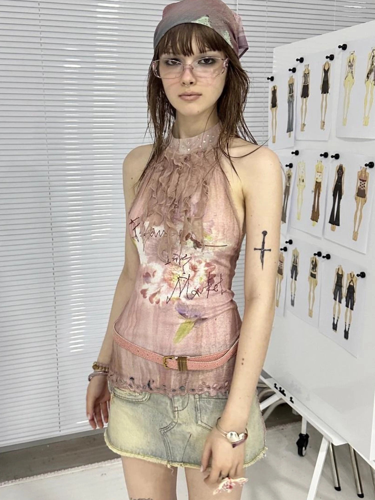 Double Sided Polka Dot Print Stretch Denim Mini Skirt