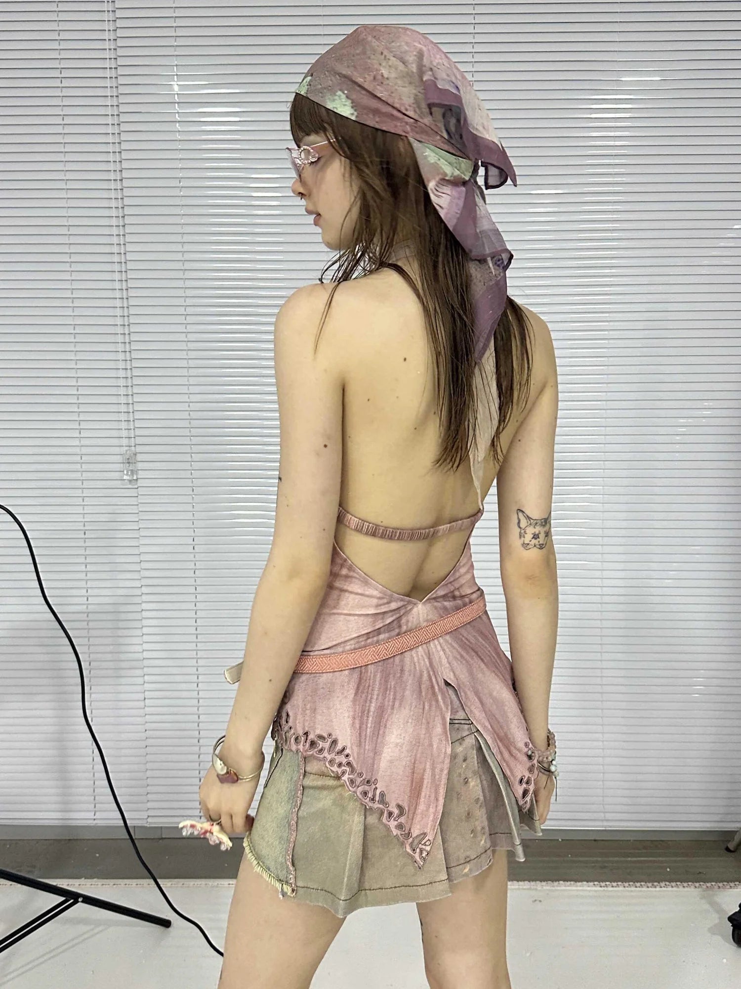 Double Sided Polka Dot Print Stretch Denim Mini Skirt