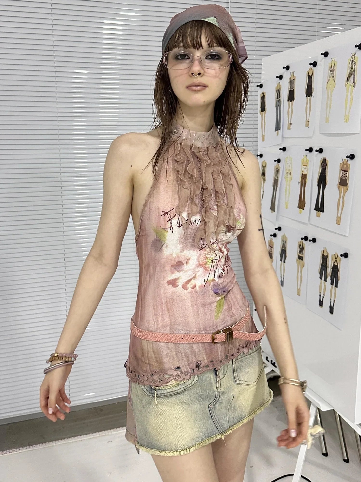 Double Sided Polka Dot Print Stretch Denim Mini Skirt