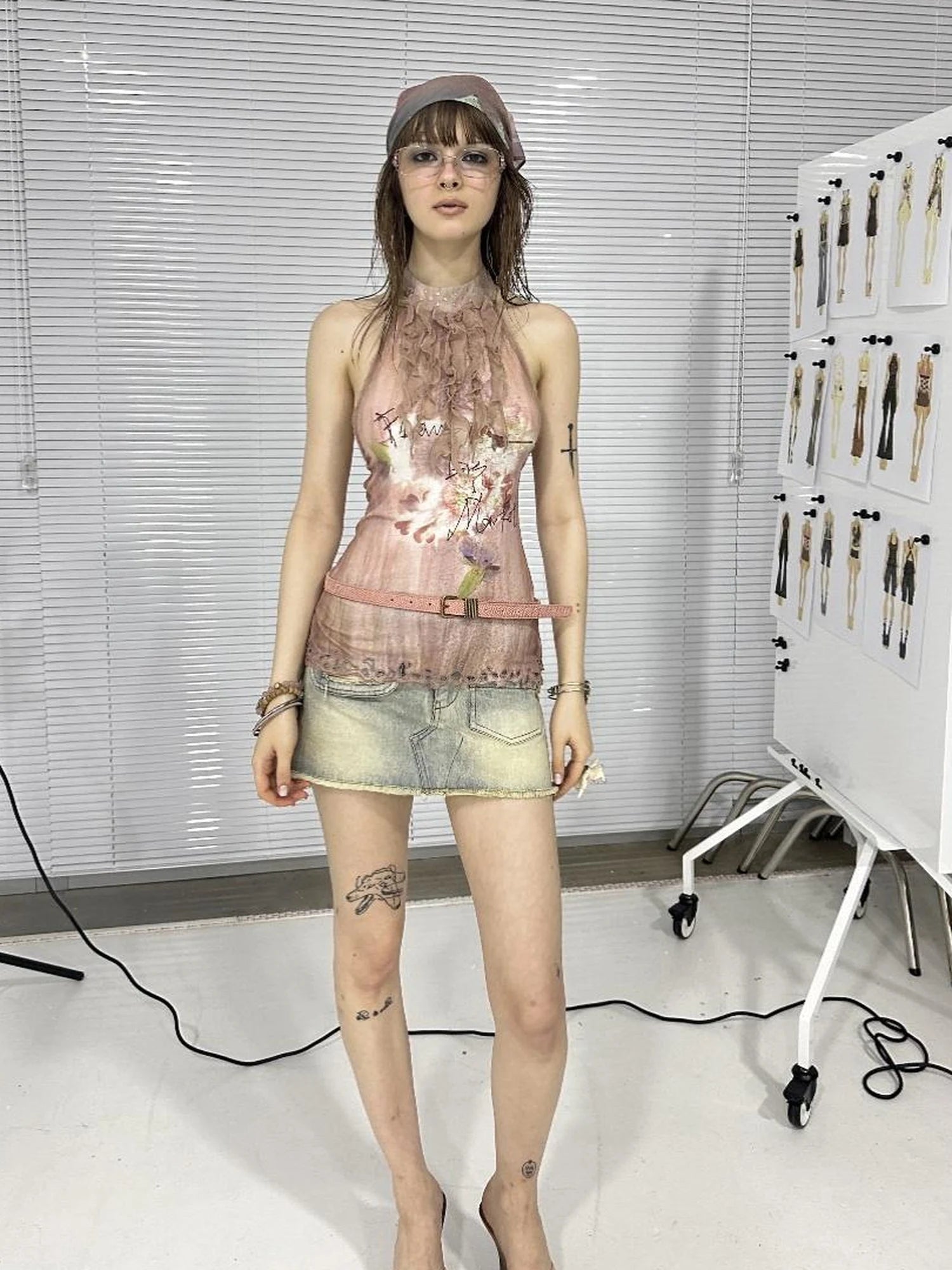 Double Sided Polka Dot Print Stretch Denim Mini Skirt