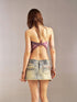 Flowers birds Market Double Sided Polka Dot Print Stretch Denim Mini Skirt