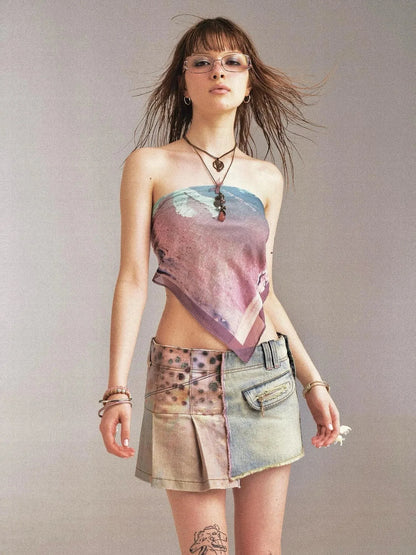 Double Sided Polka Dot Print Stretch Denim Mini Skirt