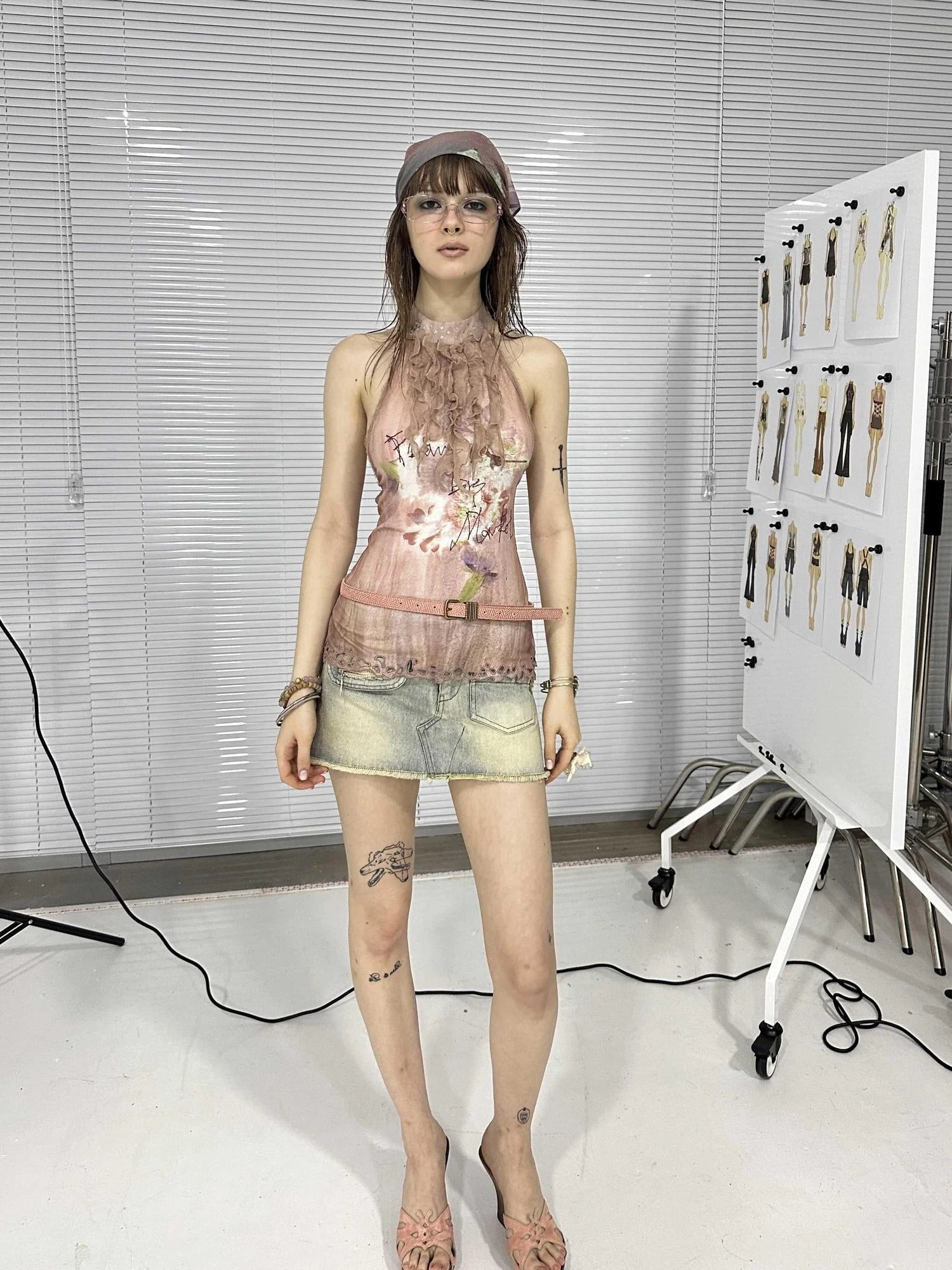 Double Sided Polka Dot Print Stretch Denim Mini Skirt