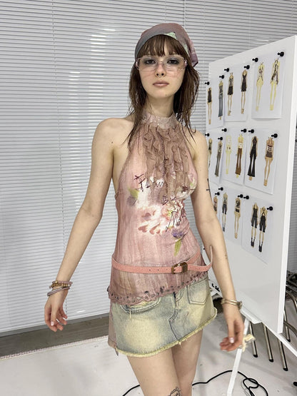 Flowers birds Market Double Sided Polka Dot Print Stretch Denim Mini Skirt
