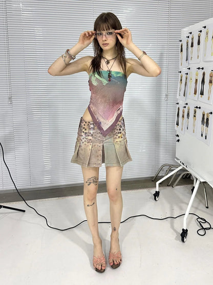 Double Sided Polka Dot Print Stretch Denim Mini Skirt