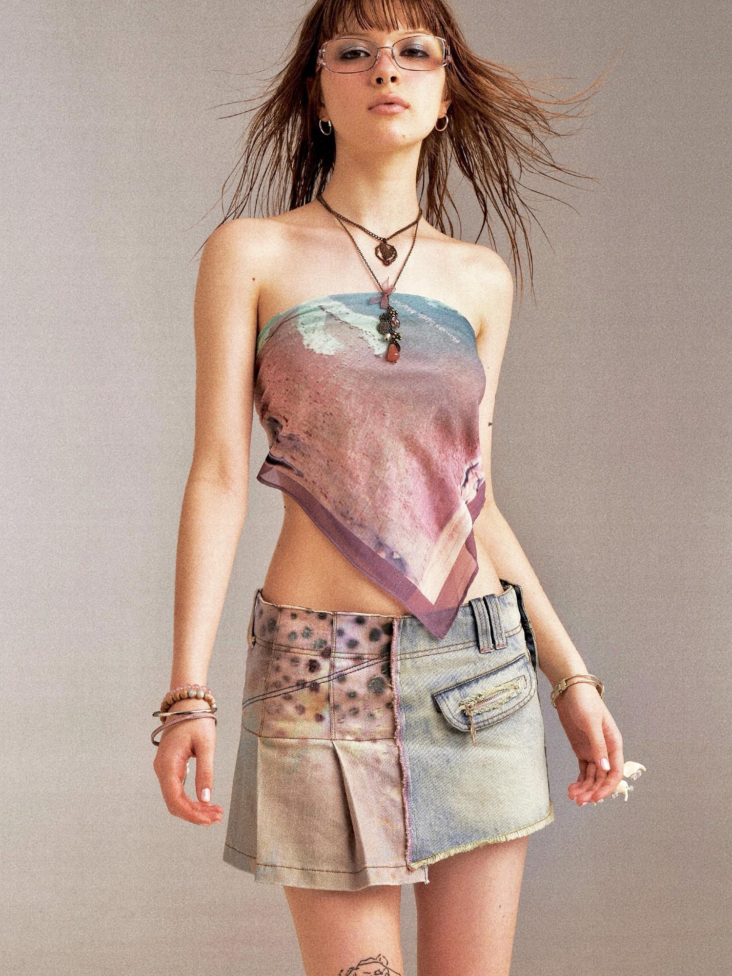 Flowers birds Market Double Sided Polka Dot Print Stretch Denim Mini Skirt