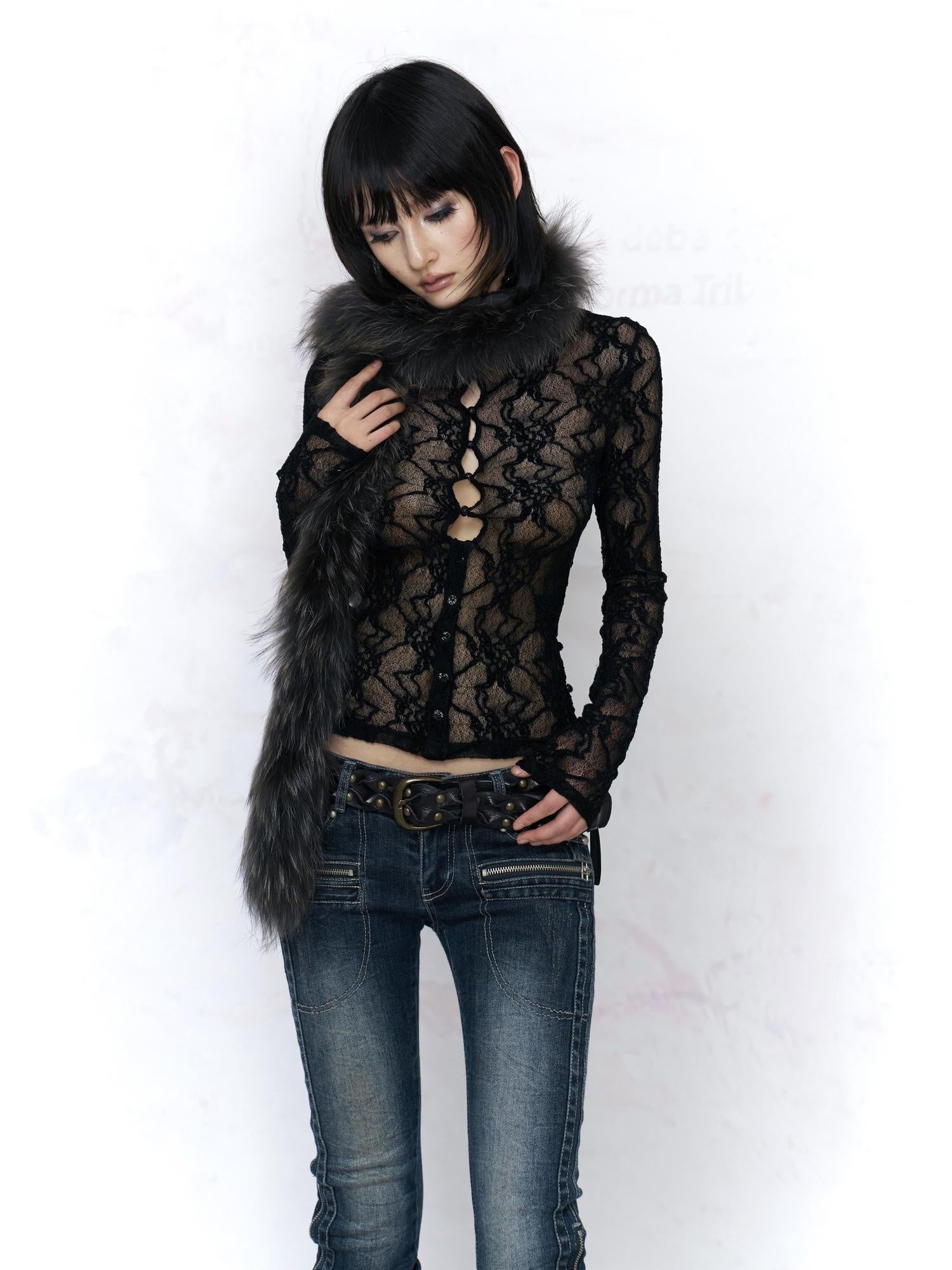 Flowers_birds_Market Elegant Composite Lace High Neck Floral Layering Women Black Long Sleeve T-Shirts