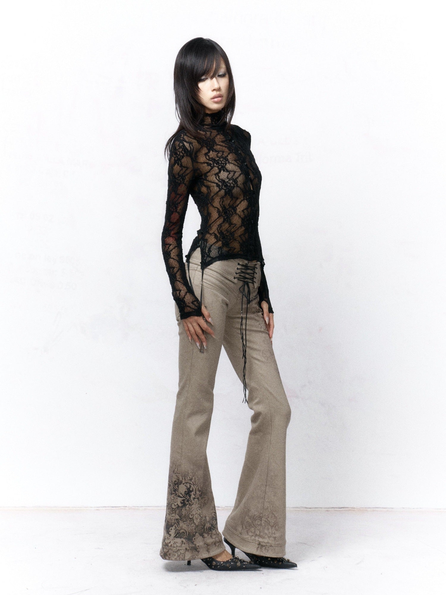 Flowers_birds_Market Elegant Composite Lace High Neck Floral Layering Women Black Long Sleeve T-Shirts