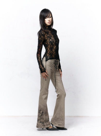 Flowers_birds_Market Elegant Composite Lace High Neck Floral Layering Women Black Long Sleeve T-Shirts