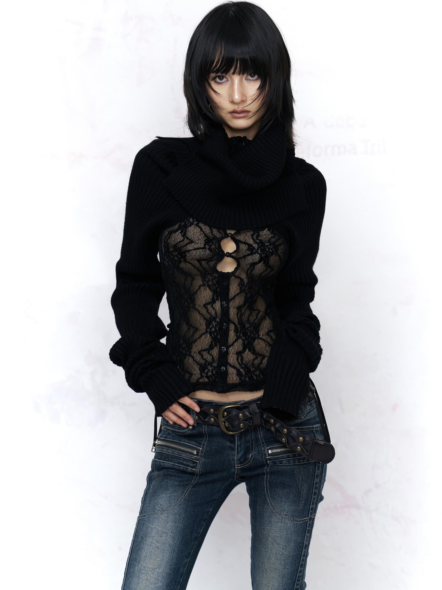 Flowers_birds_Market Elegant Composite Lace High Neck Floral Layering Women Black Long Sleeve T-Shirts