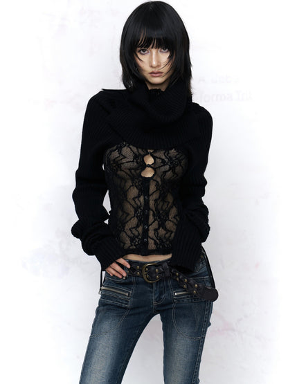 Flowers_birds_Market Elegant Composite Lace High Neck Floral Layering Women Black Long Sleeve T-Shirts