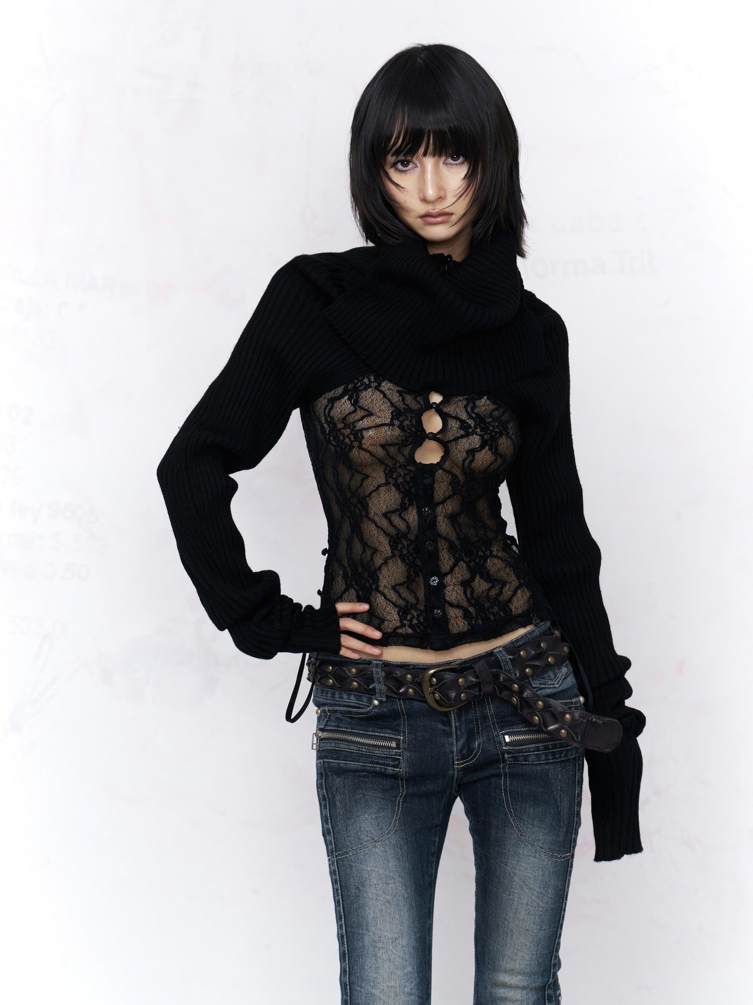 Flowers_birds_Market Elegant Composite Lace High Neck Floral Layering Women Black Long Sleeve T-Shirts