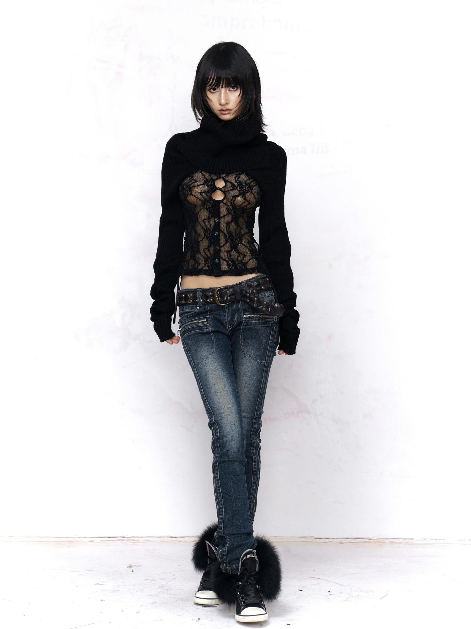 Flowers_birds_Market Elegant Composite Lace High Neck Floral Layering Women Black Long Sleeve T-Shirts