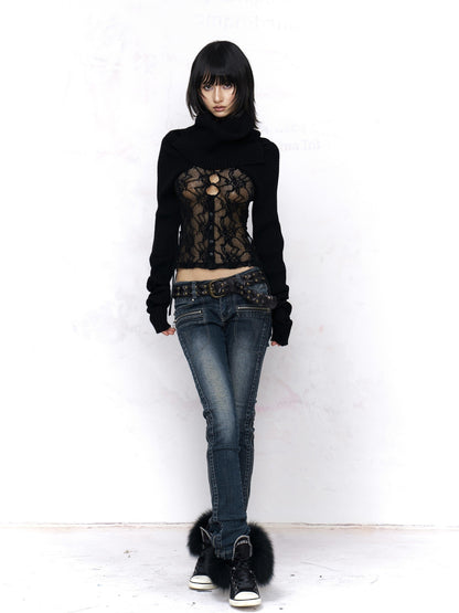 Flowers_birds_Market Elegant Composite Lace High Neck Floral Layering Women Black Long Sleeve T-Shirts