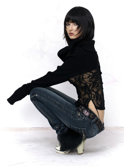 Flowers_birds_Market Elegant Composite Lace High Neck Floral Layering Women Black Long Sleeve T-Shirts