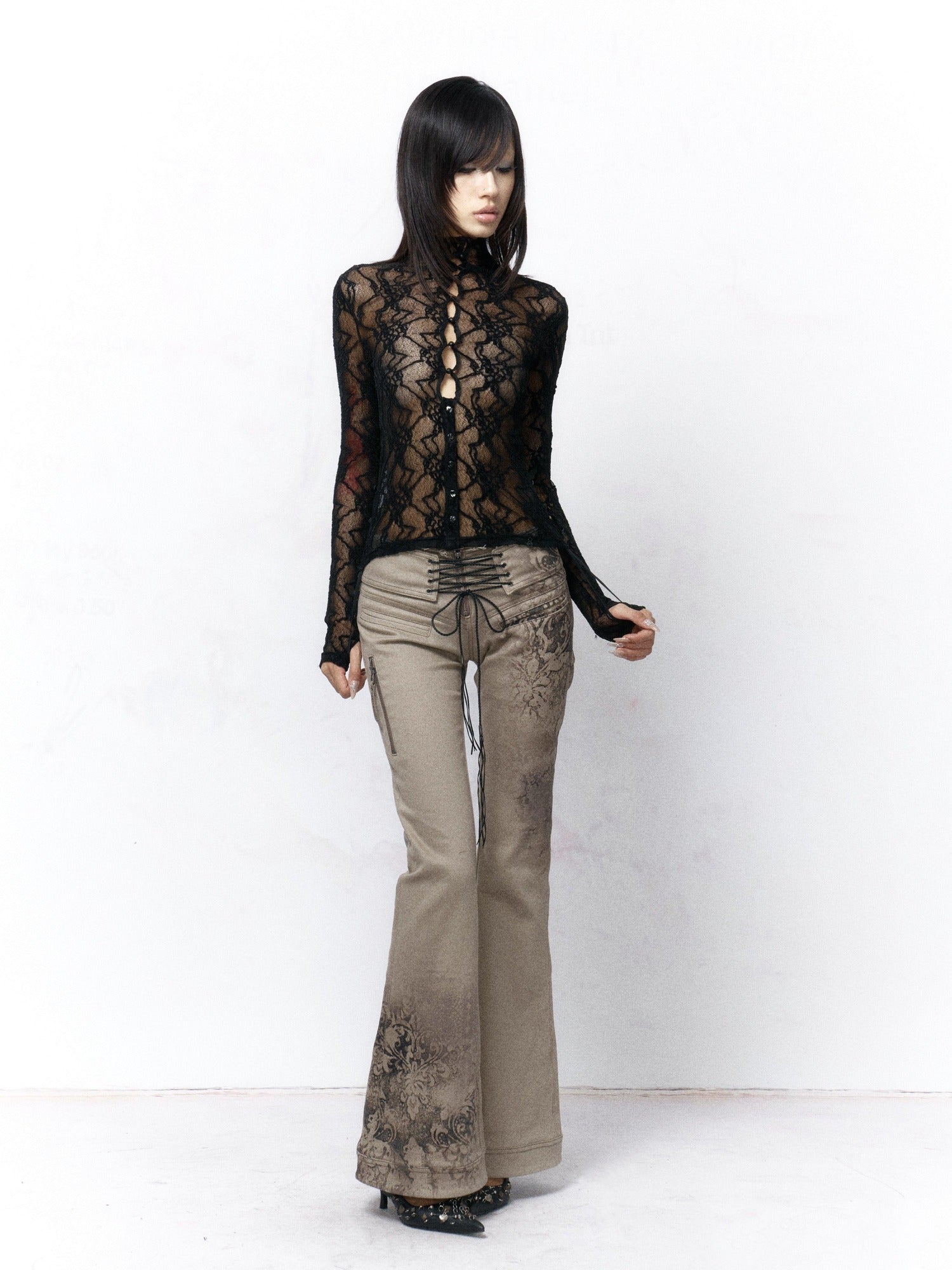 Flowers_birds_Market Elegant Composite Lace High Neck Floral Layering Women Black Long Sleeve T-Shirts