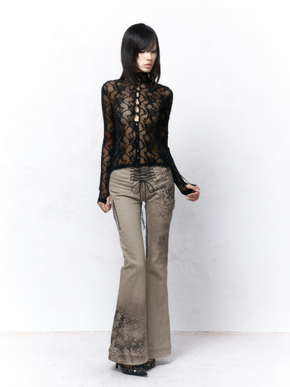 Flowers_birds_Market Elegant Composite Lace High Neck Floral Layering Women Black Long Sleeve T-Shirts