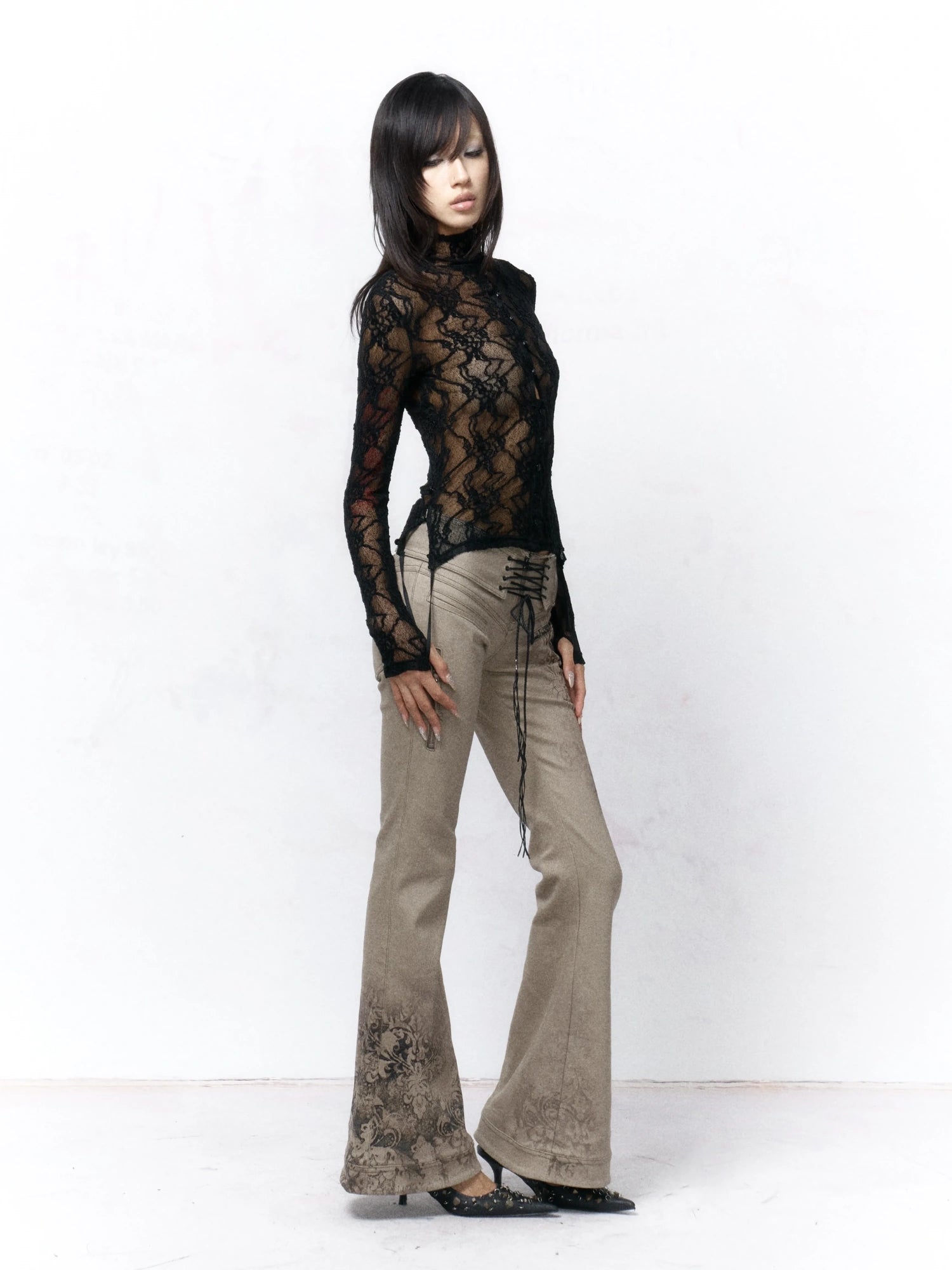 Flowers birds Market Elegant Lace High Neck Floral Button Front Women Office Work Black Blouse