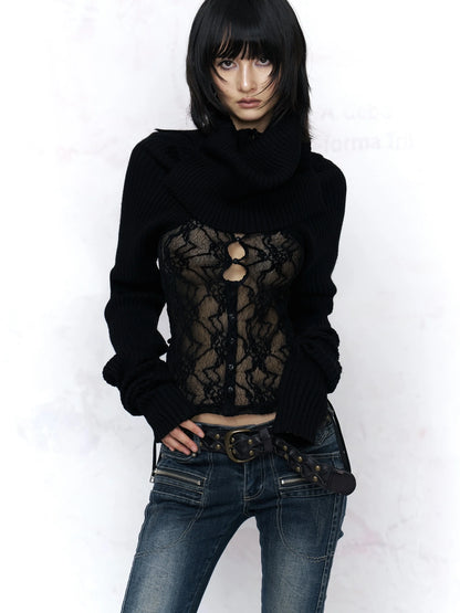 Flowers birds Market Elegant Lace High Neck Floral Button Front Women Office Work Black Blouse