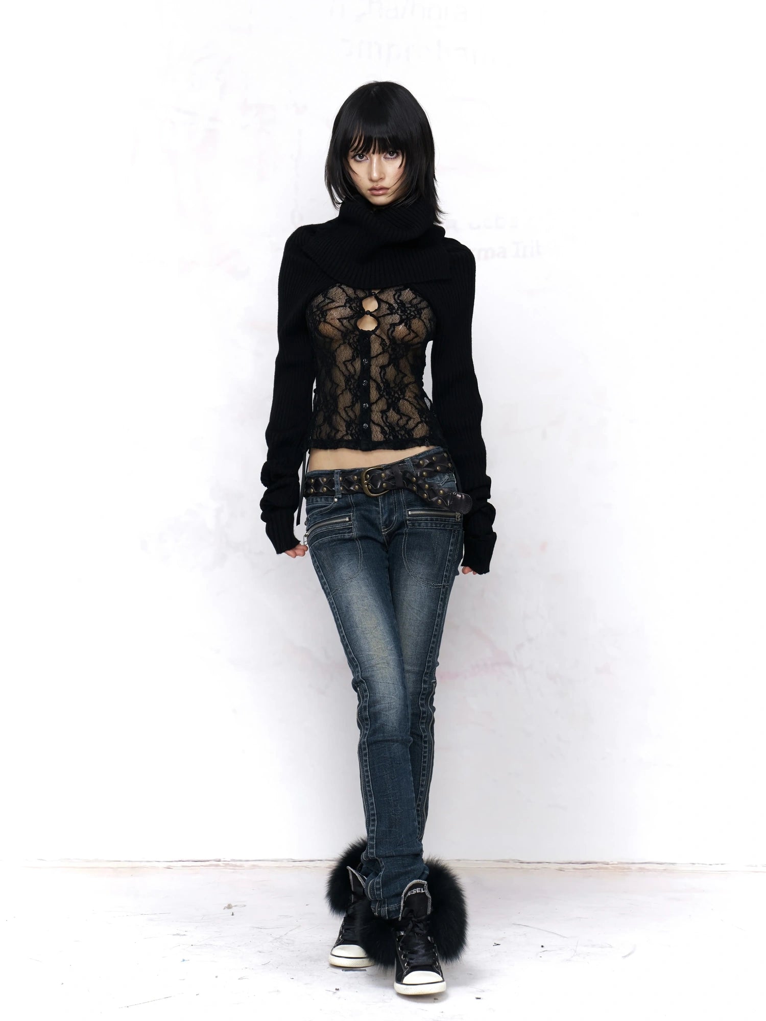 Flowers birds Market Elegant Lace High Neck Floral Button Front Women Office Work Black Blouse