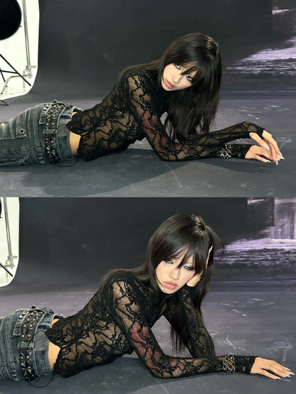 Flowers birds Market Elegant Lace High Neck Floral Button Front Women Office Work Black Blouse