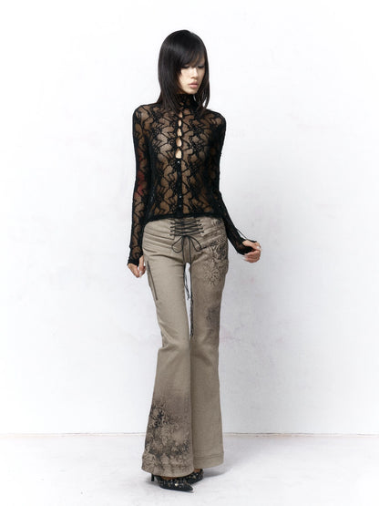 Flowers birds Market Elegant Lace High Neck Floral Button Front Women Office Work Black Blouse