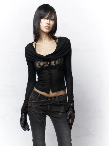 Elegant Slim Fit Cropped Collared Button Long Sleeve Women Black Cotton T-Shirt