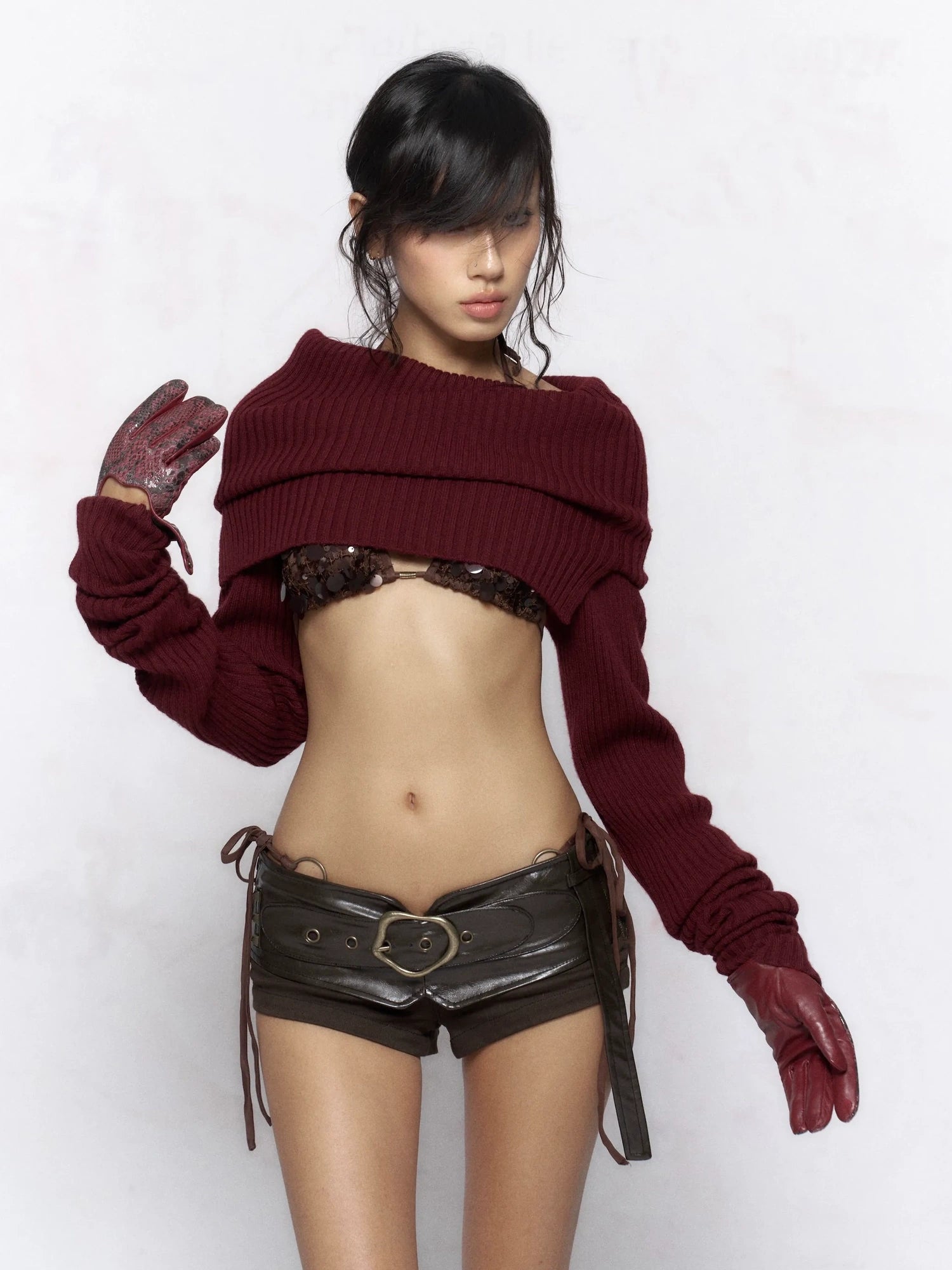 Flowers birds Market Elegant Two Tone Cowl Neck Pullover Long Sleeve Women Burgundy Black Blouse