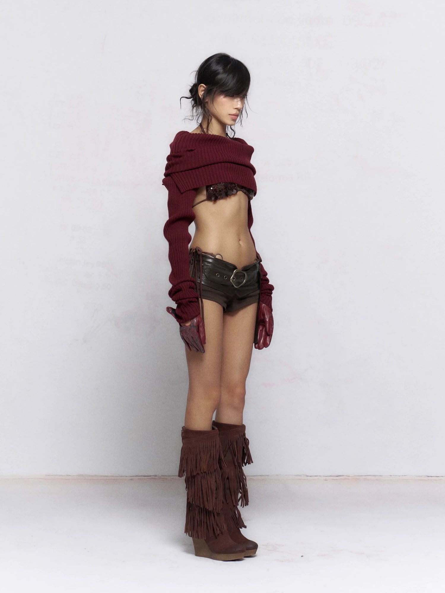 Flowers birds Market Elegant Two Tone Cowl Neck Pullover Long Sleeve Women Burgundy Black Blouse